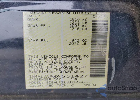 2013 Nissan Altima 2.5 from USA, damaged, VIN 1N4AL3AP6DN551427